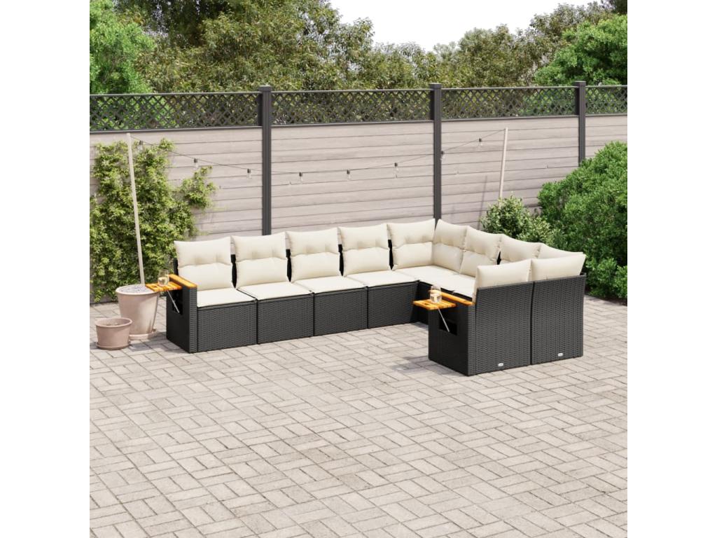 9-piece garden furniture set with cushions, black woven resin, 37506AAEH