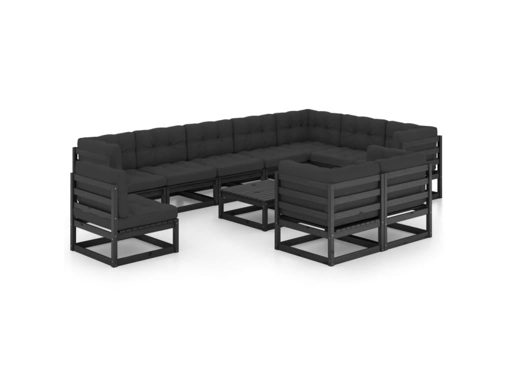 11-piece garden furniture set with cushions, black, solid pine wood, 4 27987SBCV