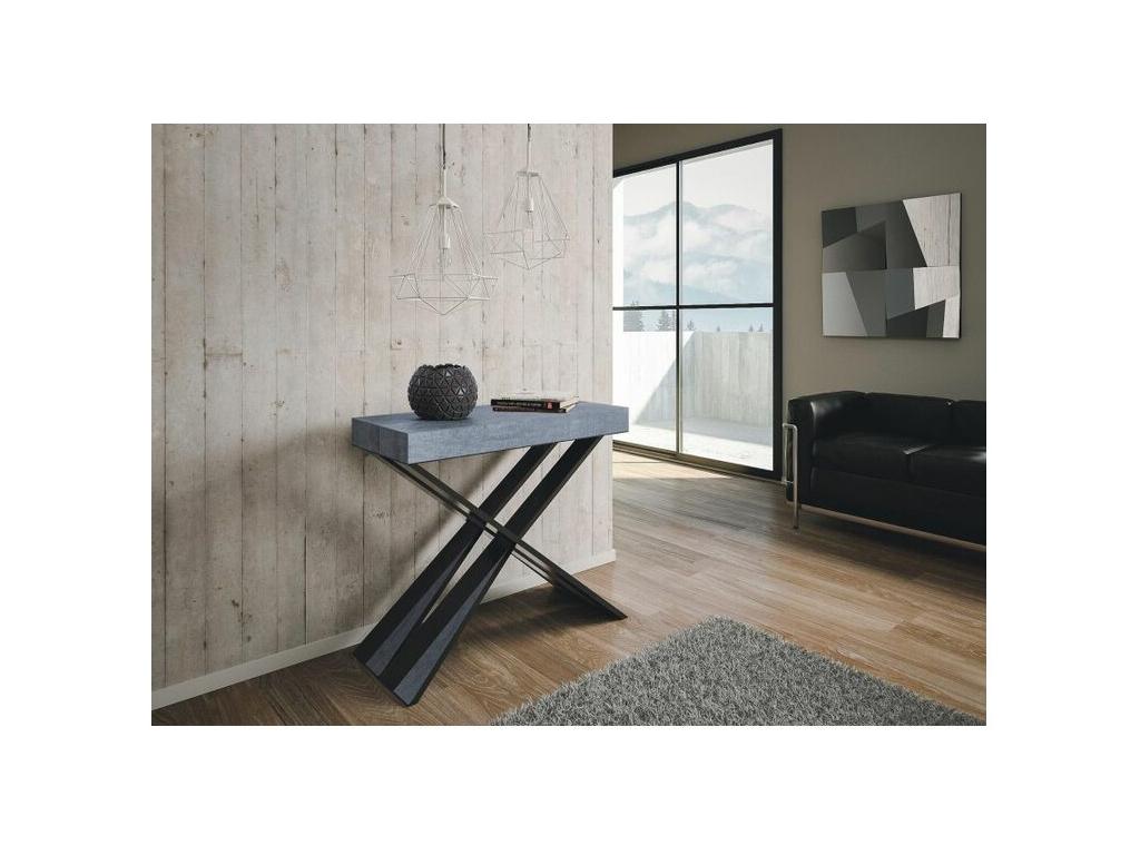 Bohometop extendable console table in wood with anthracite steel crossed legs, 90x40-196 or 90x40-300 cm, Cement Grey, 4-leg support, 3 slim extensions, 85493GBXT