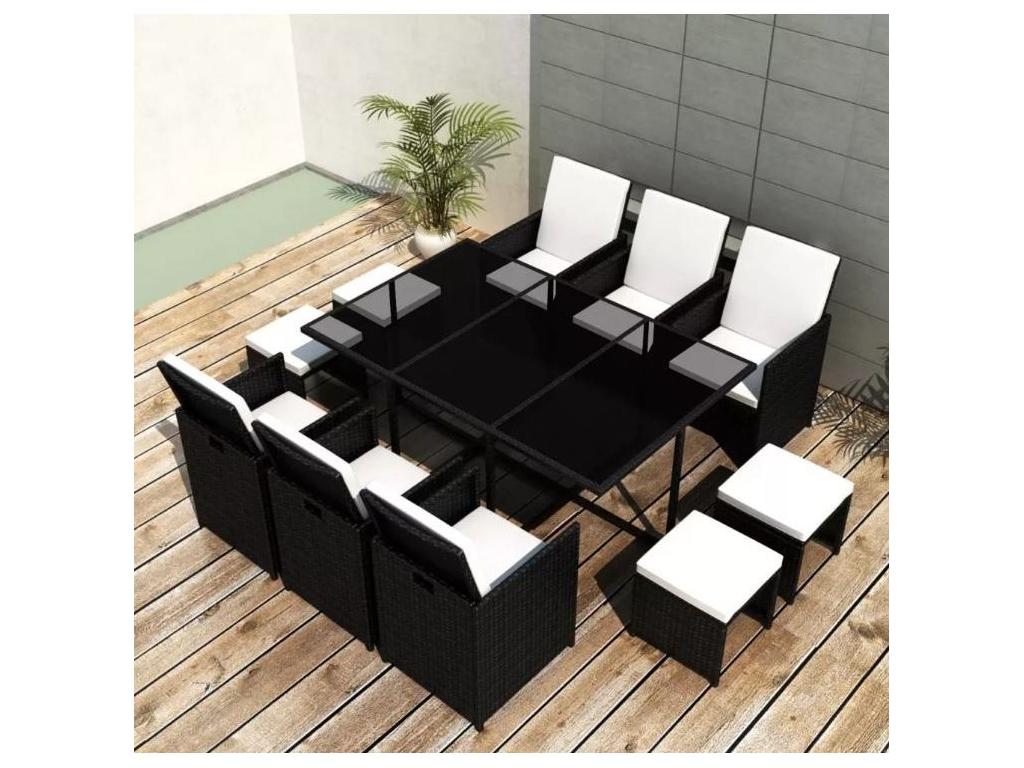 Bohometop 09968ADFE Rectangular Table and 6 Black Wicker Resin Garden Chairs