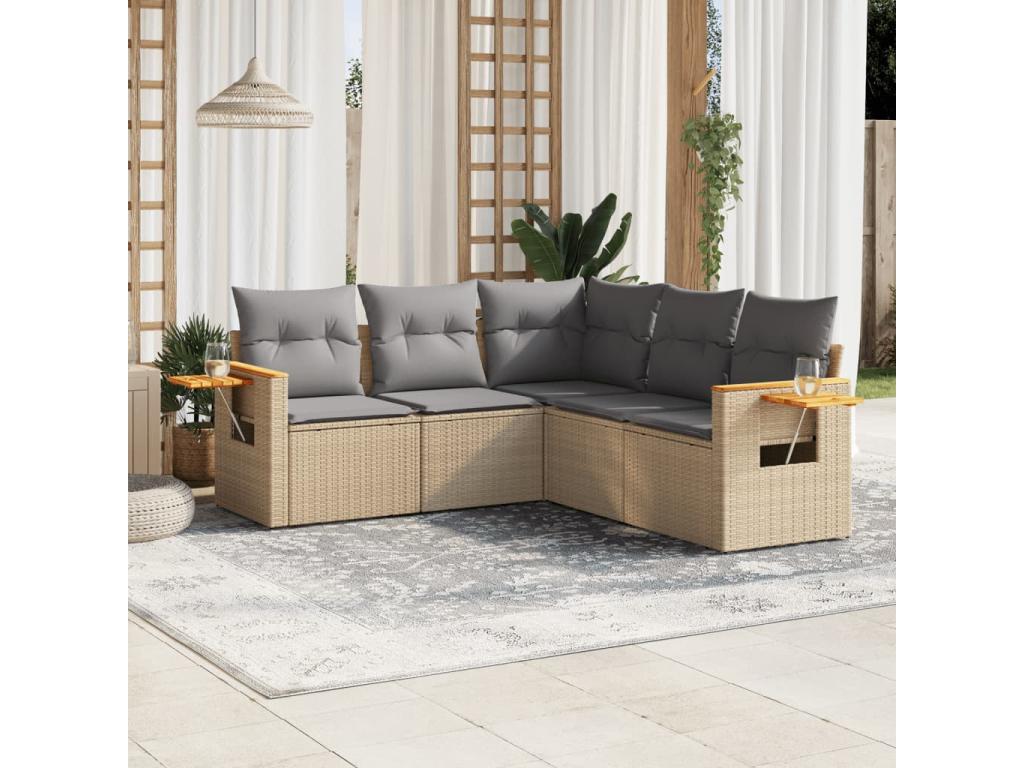 5-piece garden furniture set with cushions, beige woven resin, 66540EYXA