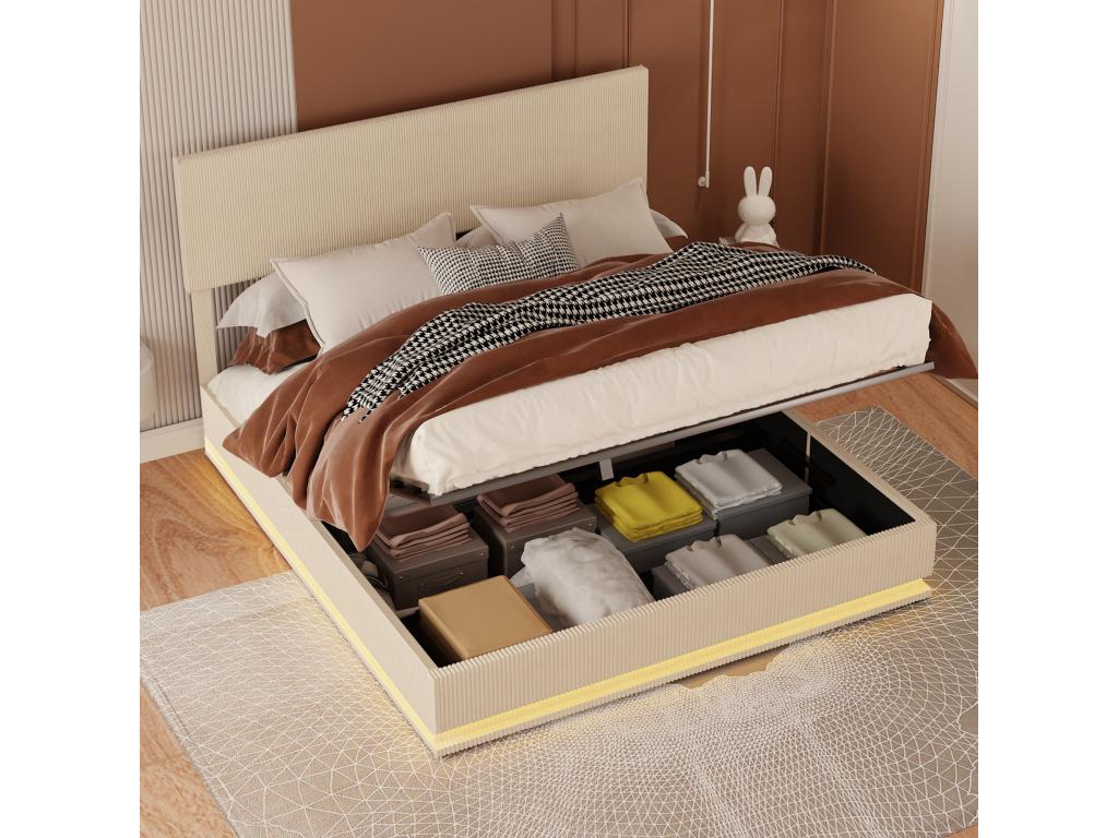 140x200cm Storage Bed - Double Bed with LED Lighting, Adjustable Headboard and USB Port - in Beige Velvet