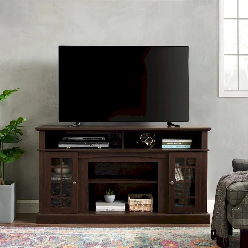 58.25" TV Stand for up to 65" TV - Dark Walnut Finish, Glass Door Cabinets, 3 Adjustable Shelves, 5 Cable Cutouts, Console or Sideboard
