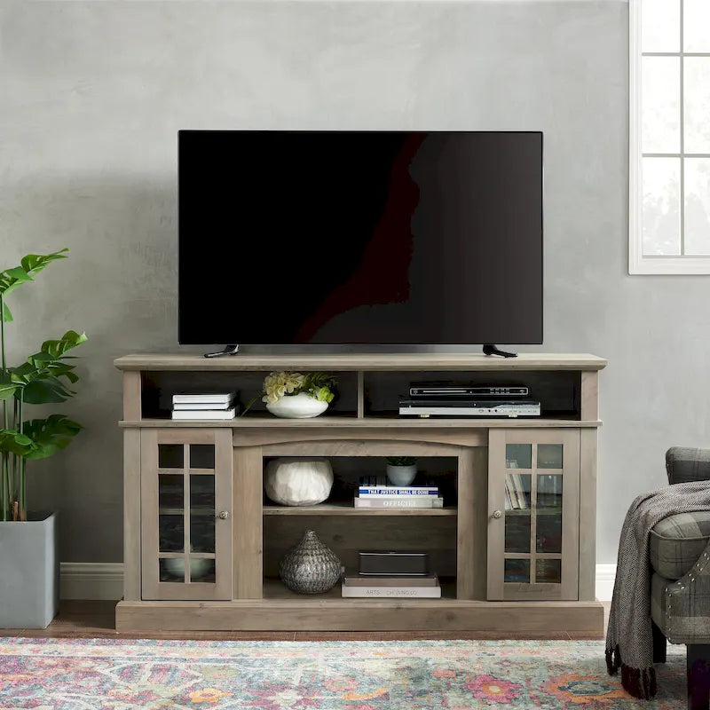 58.25" TV Stand for up to 65" TV - Dark Walnut Finish, Glass Door Cabinets, 3 Adjustable Shelves, 5 Cable Cutouts, Console or Sideboard