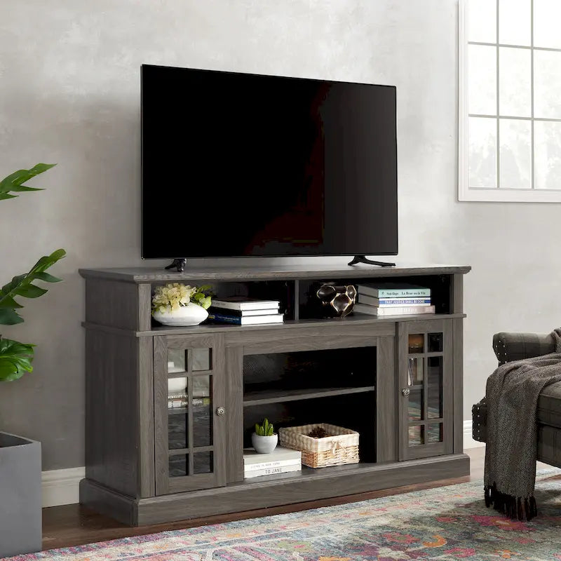 58.25" TV Stand for up to 65" TV - Dark Walnut Finish, Glass Door Cabinets, 3 Adjustable Shelves, 5 Cable Cutouts, Console or Sideboard