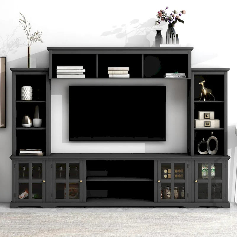 Black Entertainment Wall Unit with Bridge and Glass Door TV Console for TVs Up to 70