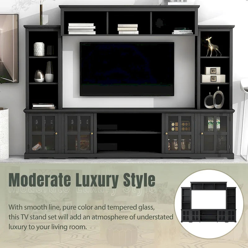 Black Entertainment Wall Unit with Bridge and Glass Door TV Console for TVs Up to 70