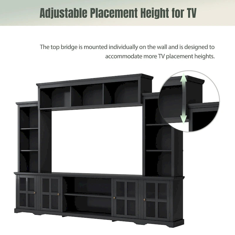 Black Entertainment Wall Unit with Bridge and Glass Door TV Console for TVs Up to 70