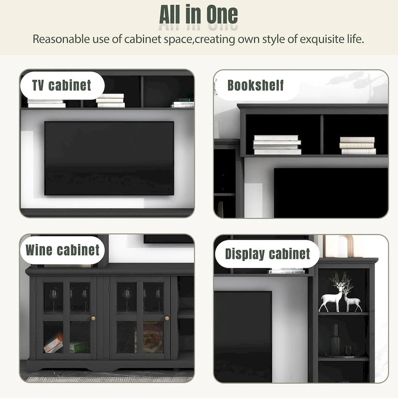 Black Entertainment Wall Unit with Bridge and Glass Door TV Console for TVs Up to 70