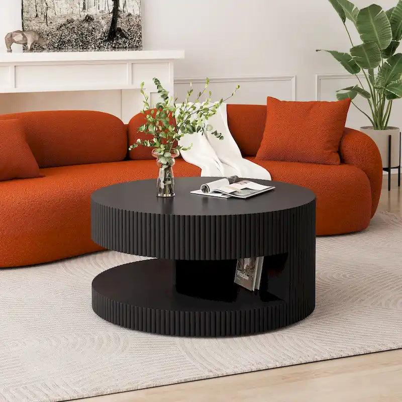 31.5" Round Coffee Table with 2-Tier Storage - Black, Embossed Stripe Design, 110 lb Capacity, Waterproof Surface, No Assembly Required