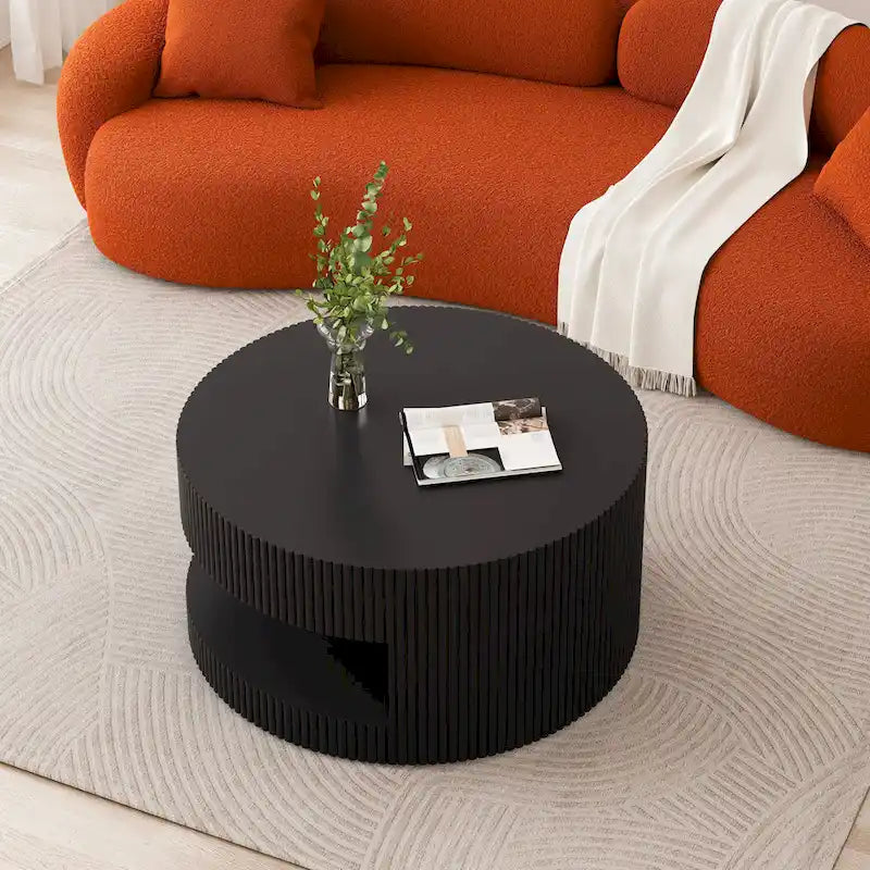 31.5" Round Coffee Table with 2-Tier Storage - Black, Embossed Stripe Design, 110 lb Capacity, Waterproof Surface, No Assembly Required