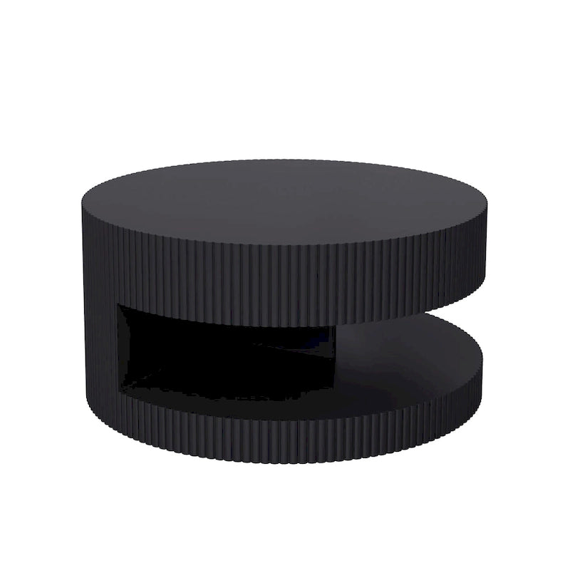 31.5" Round Coffee Table with 2-Tier Storage - Black, Embossed Stripe Design, 110 lb Capacity, Waterproof Surface, No Assembly Required