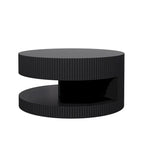 31.5" Round Coffee Table with 2-Tier Storage - Black, Embossed Stripe Design, 110 lb Capacity, Waterproof Surface, No Assembly Required