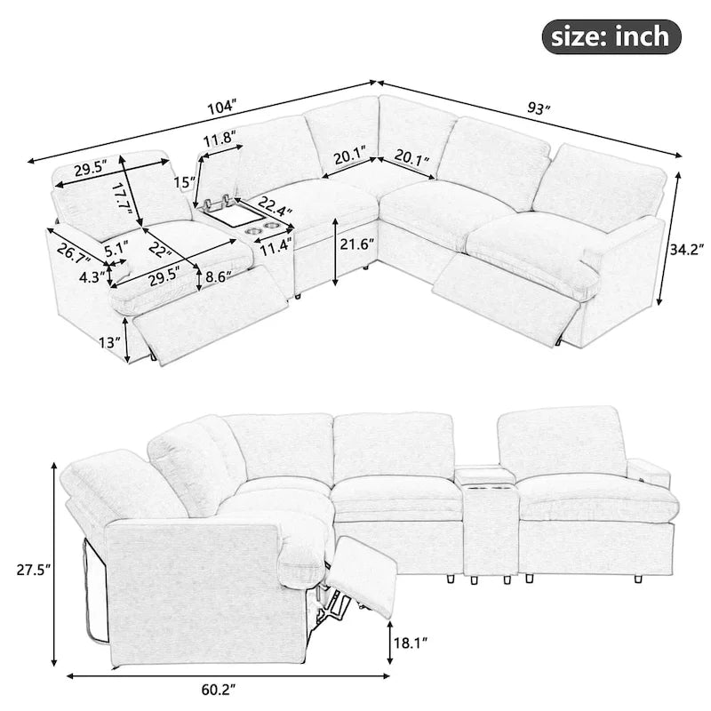 Power Recliner Corner Sofa with Storage & Cup Holders - 93" Wide, Beige Linen, Home Theater Sectional, 220 lbs per Seat Capacity