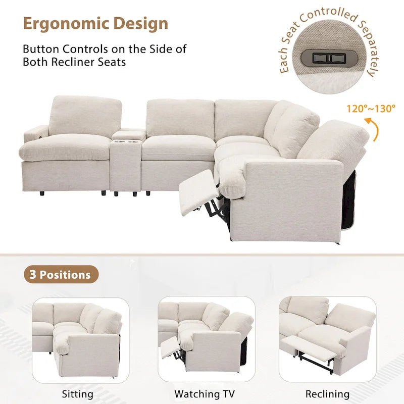 Power Recliner Corner Sofa with Storage & Cup Holders - 93" Wide, Beige Linen, Home Theater Sectional, 220 lbs per Seat Capacity