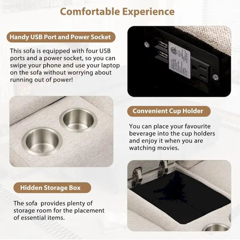 Power Recliner Corner Sofa with Storage & Cup Holders - 93" Wide, Beige Linen, Home Theater Sectional, 220 lbs per Seat Capacity