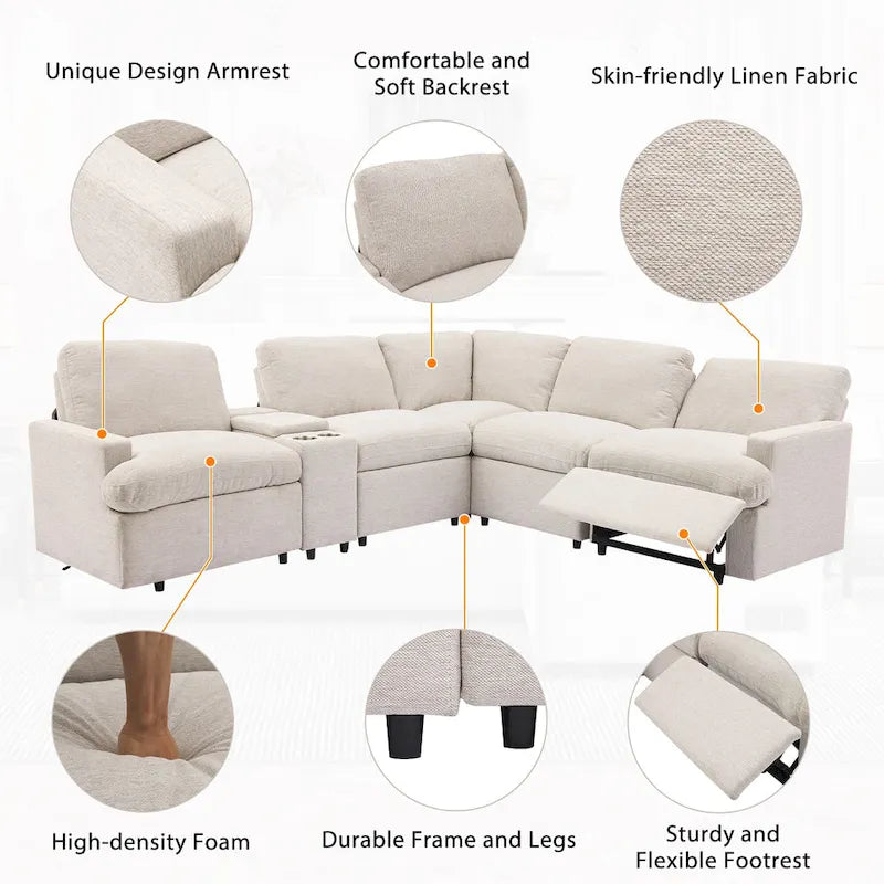 Power Recliner Corner Sofa with Storage & Cup Holders - 93" Wide, Beige Linen, Home Theater Sectional, 220 lbs per Seat Capacity