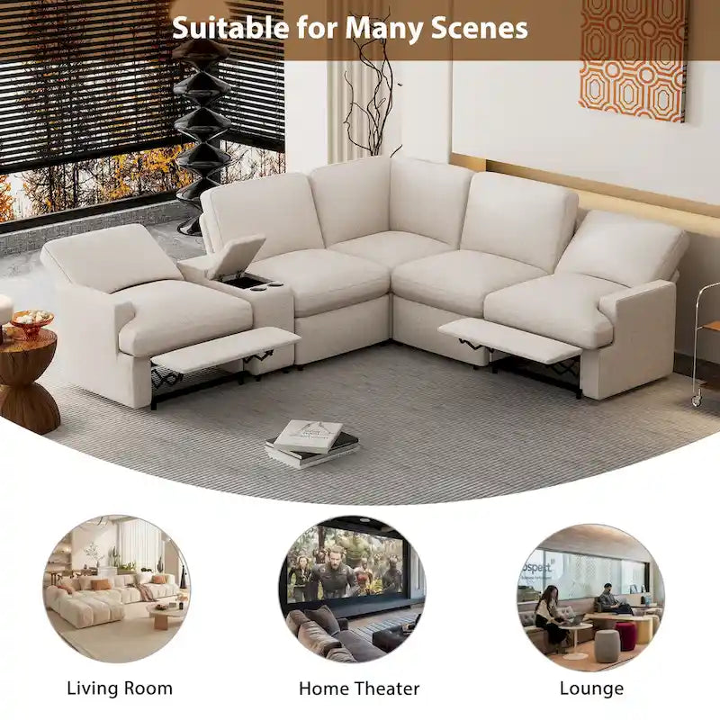 Power Recliner Corner Sofa with Storage & Cup Holders - 93" Wide, Beige Linen, Home Theater Sectional, 220 lbs per Seat Capacity