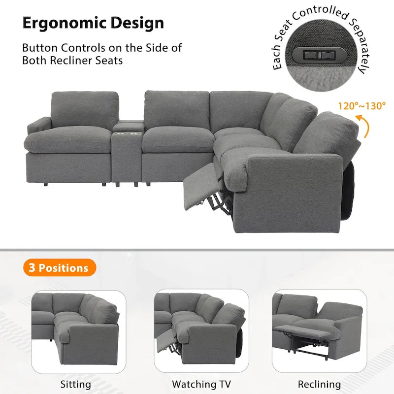 Power Recliner Corner Sofa with Storage & Cup Holders - 93" Wide, Beige Linen, Home Theater Sectional, 220 lbs per Seat Capacity