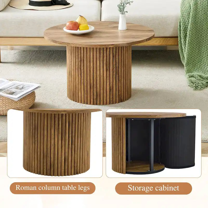 Modern Round Coffee Table with Cylindrical Legs - Velcro Concealed Storage, 27.5" Wooden Top, Living Room Center Table, MDF & Metal