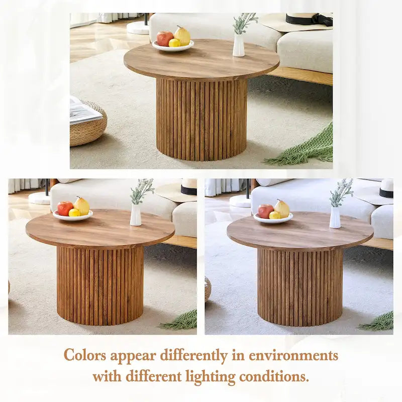 Modern Round Coffee Table with Cylindrical Legs - Velcro Concealed Storage, 27.5" Wooden Top, Living Room Center Table, MDF & Metal