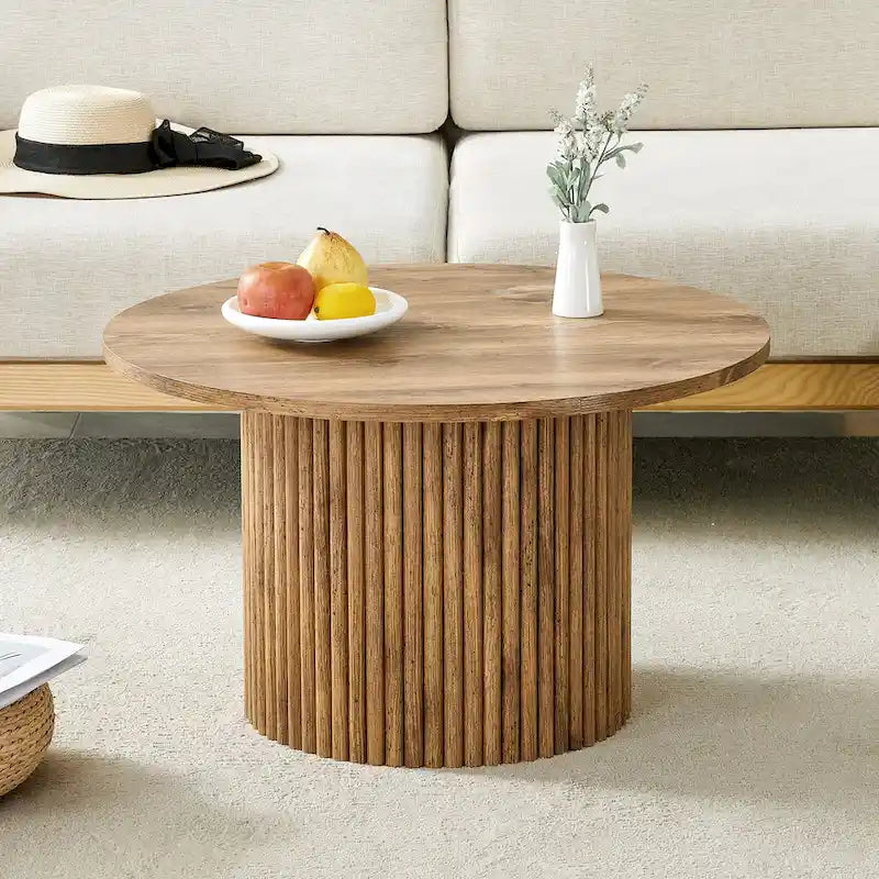 Modern Round Coffee Table with Cylindrical Legs - Velcro Concealed Storage, 27.5" Wooden Top, Living Room Center Table, MDF & Metal