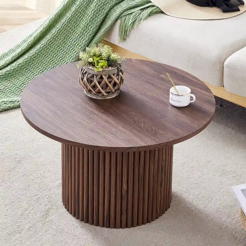 Modern Round Coffee Table with Cylindrical Legs - Velcro Concealed Storage, 27.5" Wooden Top, Living Room Center Table, MDF & Metal
