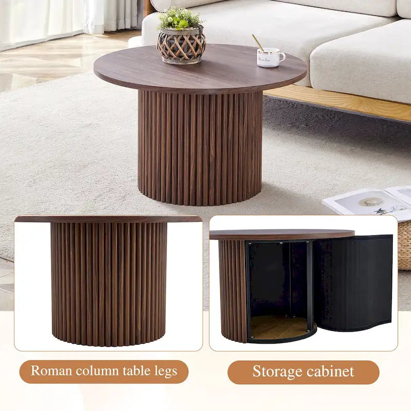 Modern Round Coffee Table with Cylindrical Legs - Velcro Concealed Storage, 27.5" Wooden Top, Living Room Center Table, MDF & Metal