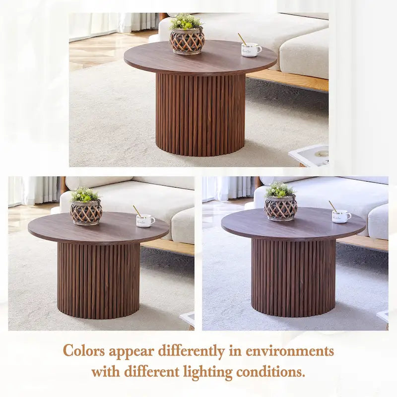 Modern Round Coffee Table with Cylindrical Legs - Velcro Concealed Storage, 27.5" Wooden Top, Living Room Center Table, MDF & Metal