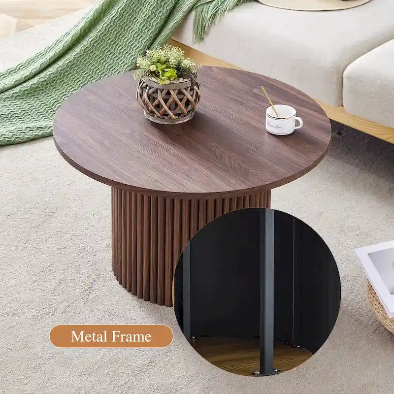 Modern Round Coffee Table with Cylindrical Legs - Velcro Concealed Storage, 27.5" Wooden Top, Living Room Center Table, MDF & Metal