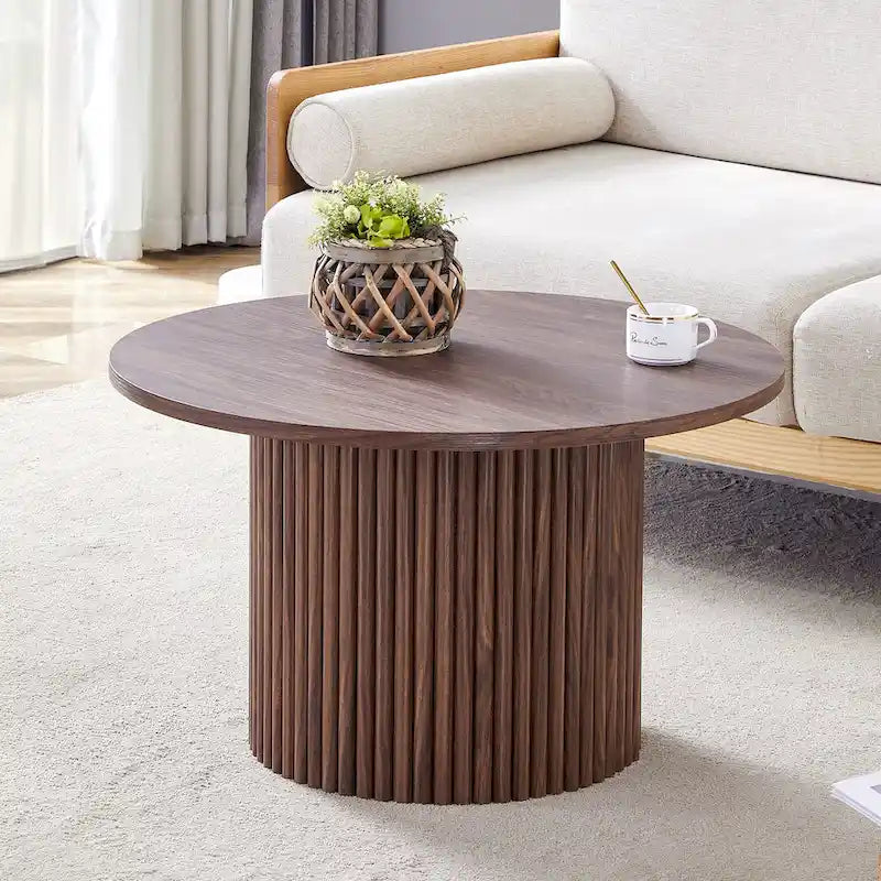 Modern Round Coffee Table with Cylindrical Legs - Velcro Concealed Storage, 27.5" Wooden Top, Living Room Center Table, MDF & Metal