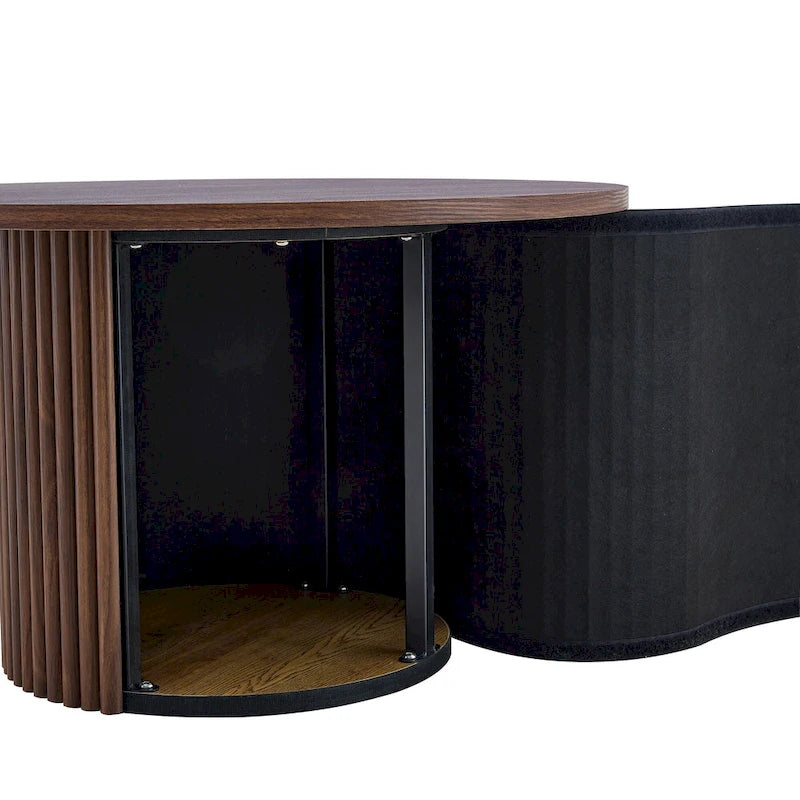 Modern Round Coffee Table with Cylindrical Legs - Velcro Concealed Storage, 27.5" Wooden Top, Living Room Center Table, MDF & Metal