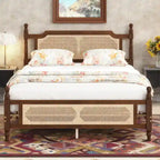 Queen Platform Bed with Rattan Headboard & Under-Bed Storage