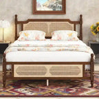 Queen Platform Bed with Rattan Headboard & Under-Bed Storage