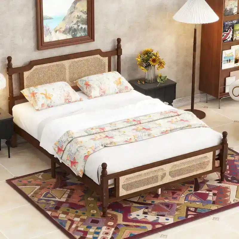 Queen Platform Bed with Rattan Headboard & Under-Bed Storage