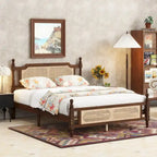 Queen Platform Bed with Rattan Headboard & Under-Bed Storage