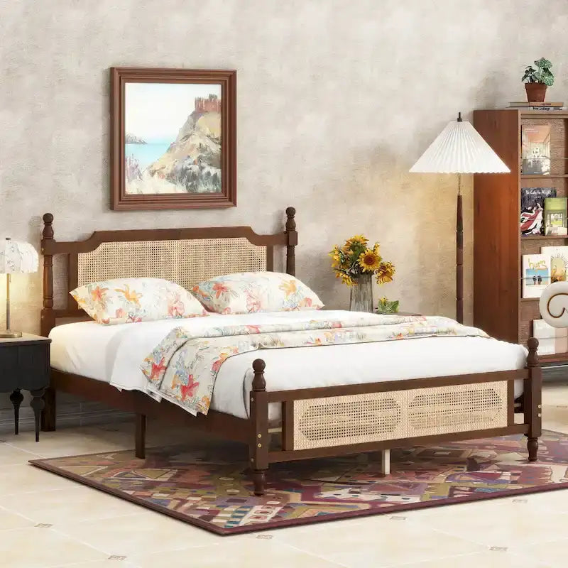Queen Platform Bed with Rattan Headboard & Under-Bed Storage