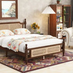 Queen Platform Bed with Rattan Headboard & Under-Bed Storage