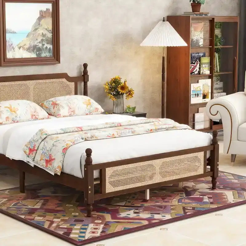 Queen Platform Bed with Rattan Headboard & Under-Bed Storage