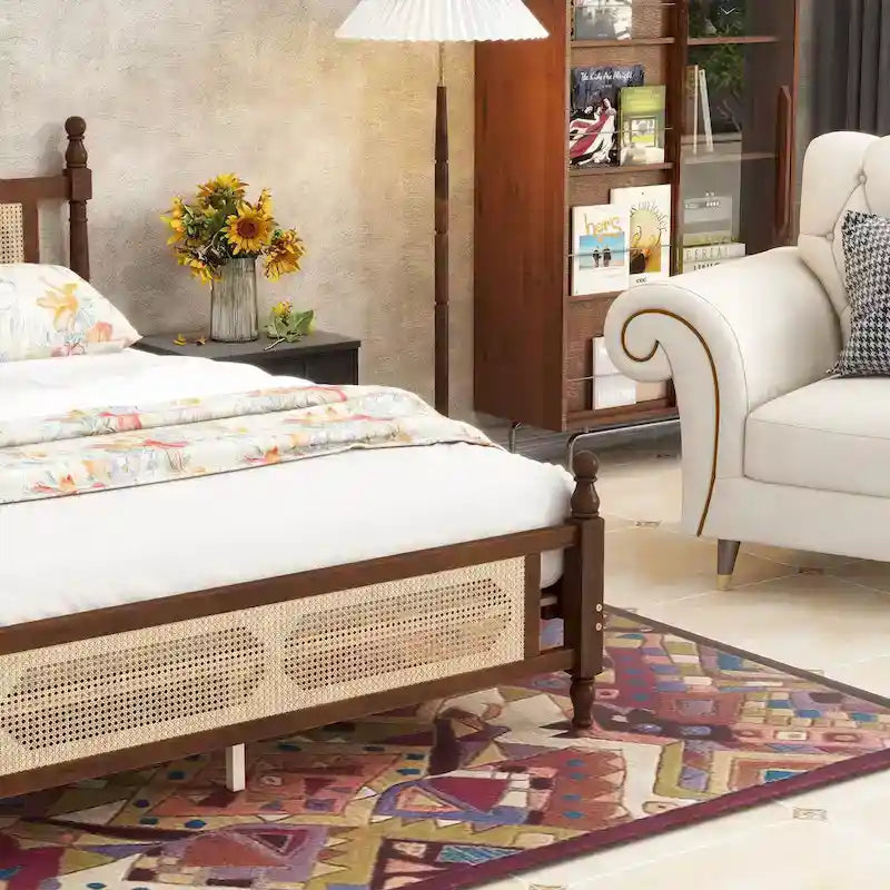 Queen Platform Bed with Rattan Headboard & Under-Bed Storage