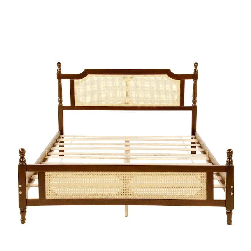 Queen Platform Bed with Rattan Headboard & Under-Bed Storage