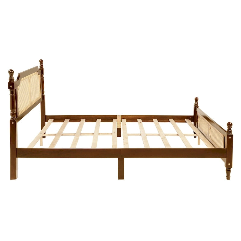 Queen Platform Bed with Rattan Headboard & Under-Bed Storage
