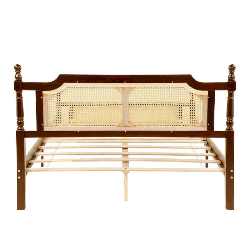 Queen Platform Bed with Rattan Headboard & Under-Bed Storage