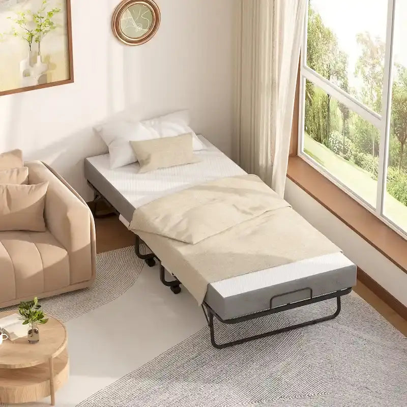 Folding Bed with Mattress,Portable Rollaway Bed on Wheels with Memory Foam Mattress