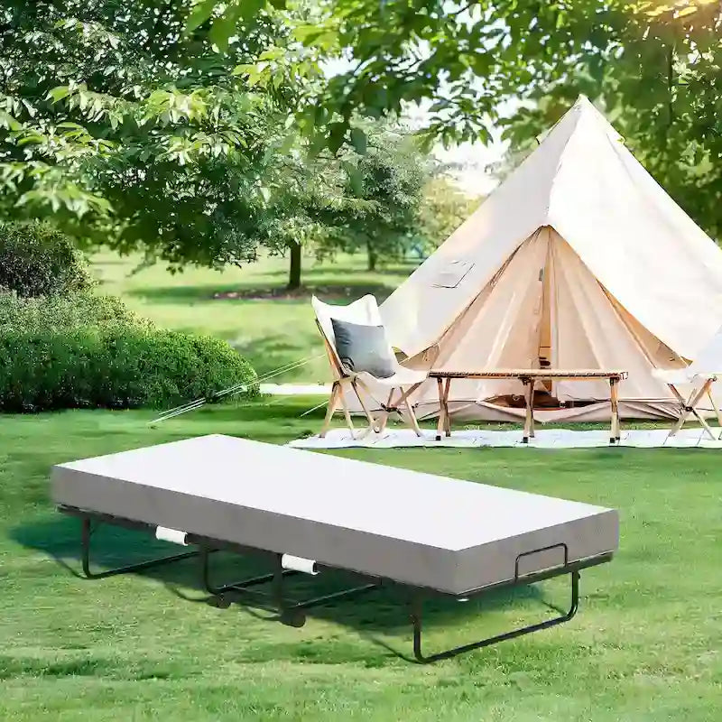 Folding Bed with Mattress,Portable Rollaway Bed on Wheels with Memory Foam Mattress