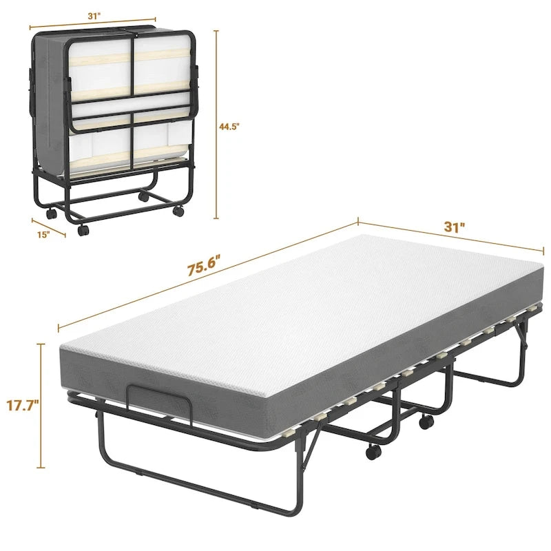 Folding Bed with Mattress,Portable Rollaway Bed on Wheels with Memory Foam Mattress