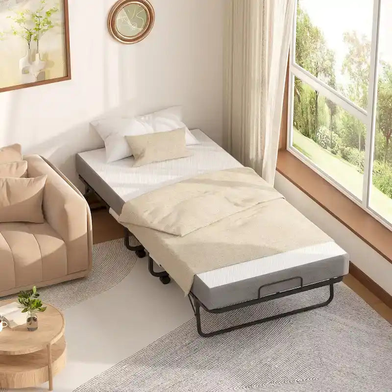 Folding Bed with Mattress,Portable Rollaway Bed on Wheels with Memory Foam Mattress