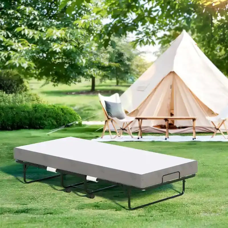 Folding Bed with Mattress,Portable Rollaway Bed on Wheels with Memory Foam Mattress
