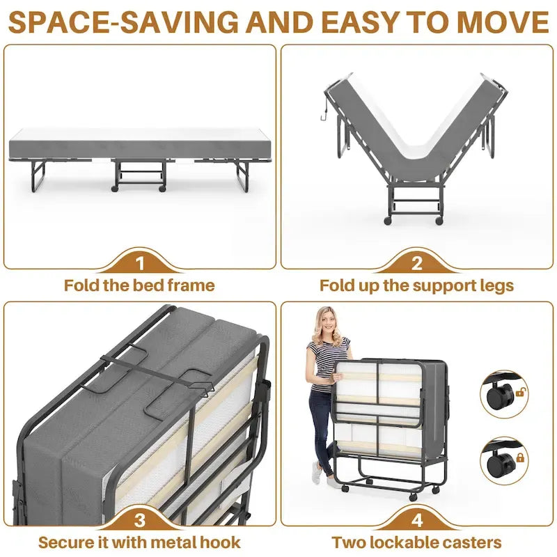Folding Bed with Mattress,Portable Rollaway Bed on Wheels with Memory Foam Mattress