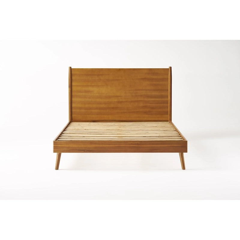 King Size Modern Platform Bed with Splayed Legs - Solid Acacia Wood, Natural Finish, Mid-Century Design, No Box Spring Needed